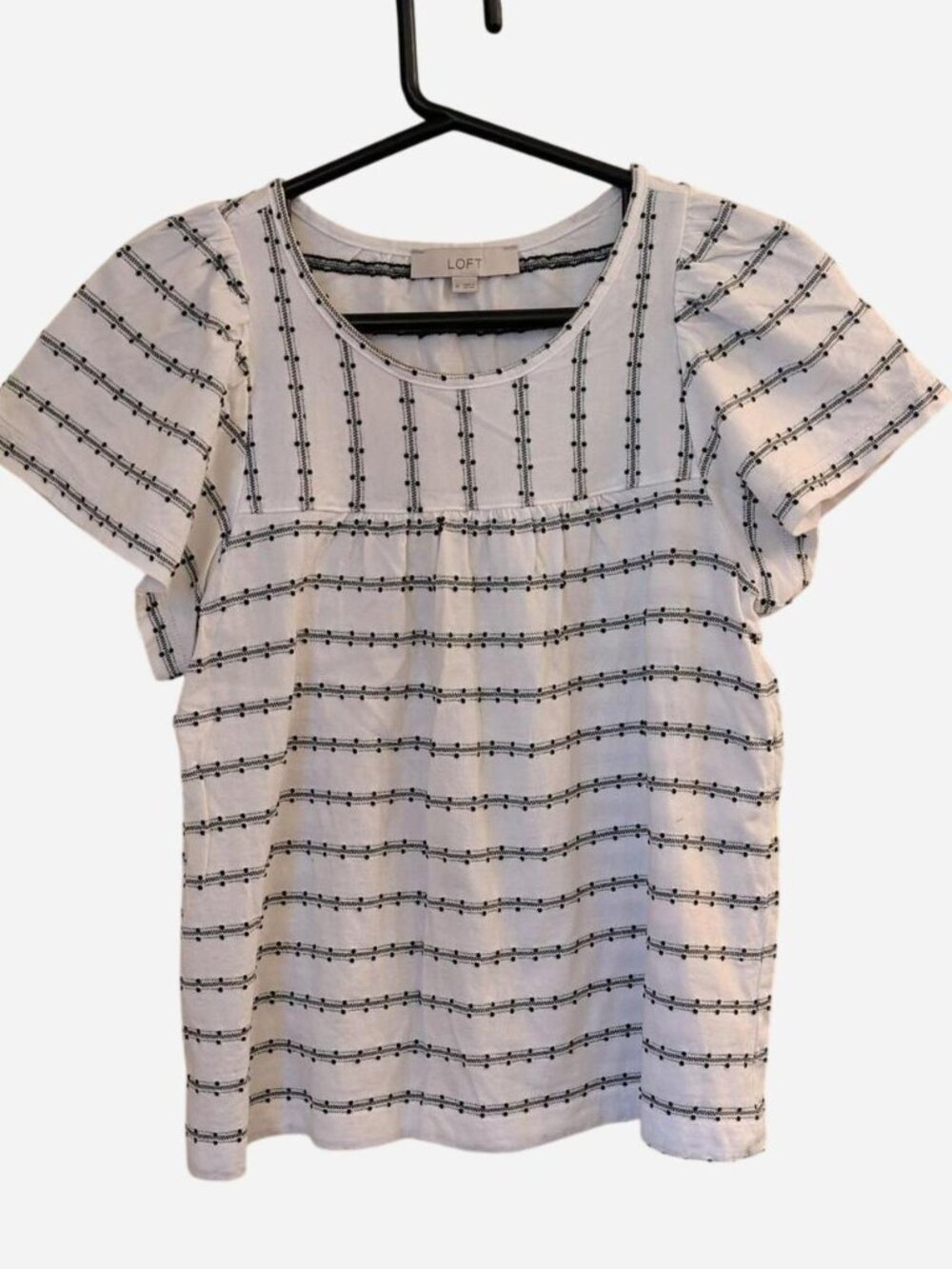 LOFT White Navy Striped Embroidered Cotton Tee Size M